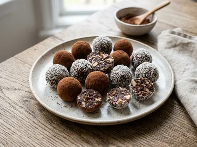 Energy Balls mit Kakao und Kokosraspeln auf einem Teller