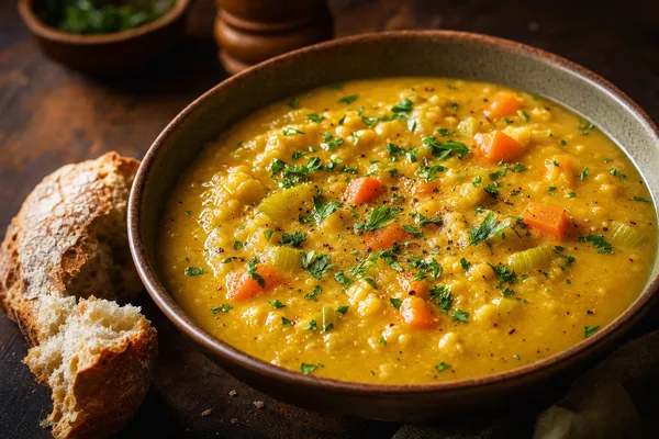 Eine tiefe Schale goldgelber, cremiger Erbsensuppe mit sichtbaren Karotten- und Selleriewürfeln, bestreut mit frischer Petersilie, daneben ein Stück Brot auf einem rustikalen Holztisch