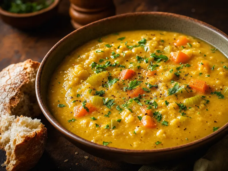 Eine tiefe Schale goldgelber, cremiger Erbsensuppe mit sichtbaren Karotten- und Selleriewürfeln, bestreut mit frischer Petersilie, daneben ein Stück Brot auf einem rustikalen Holztisch