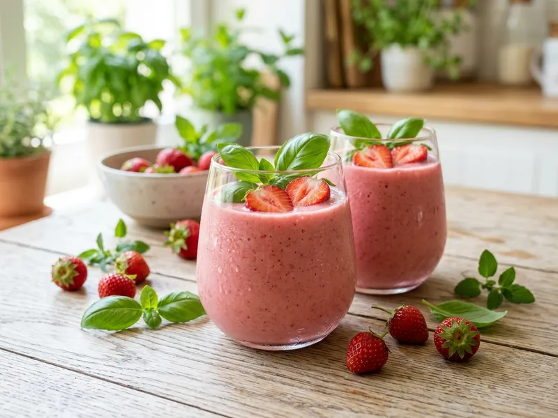 Zwei Gläser cremiger rosa Erdbeer-Smoothie mit frischen Basilikumblättern und halbierten Erdbeeren auf einem hellen Tisch
