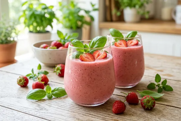 Zwei Gläser cremiger rosa Erdbeer-Smoothie mit frischen Basilikumblättern und halbierten Erdbeeren auf einem hellen Tisch