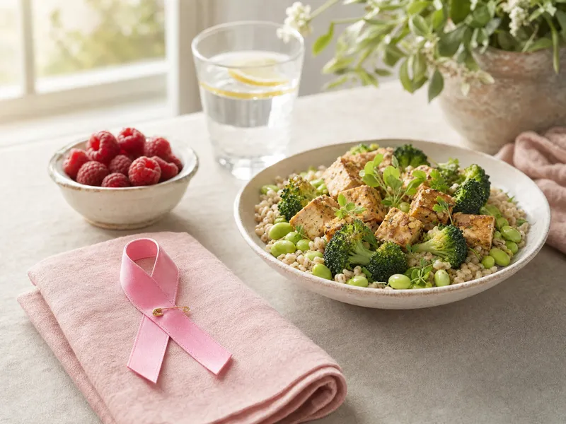 Rosa Schleife als Zeichen der Brustkrebs-Aufklärung auf einer rosa Leinenserviette, dahinter eine Schale mit gebratenem Tofu, Brokkoli, Edamame und Graupen, ein Schälchen Himbeeren und ein Glas Wasser mit Zitrone