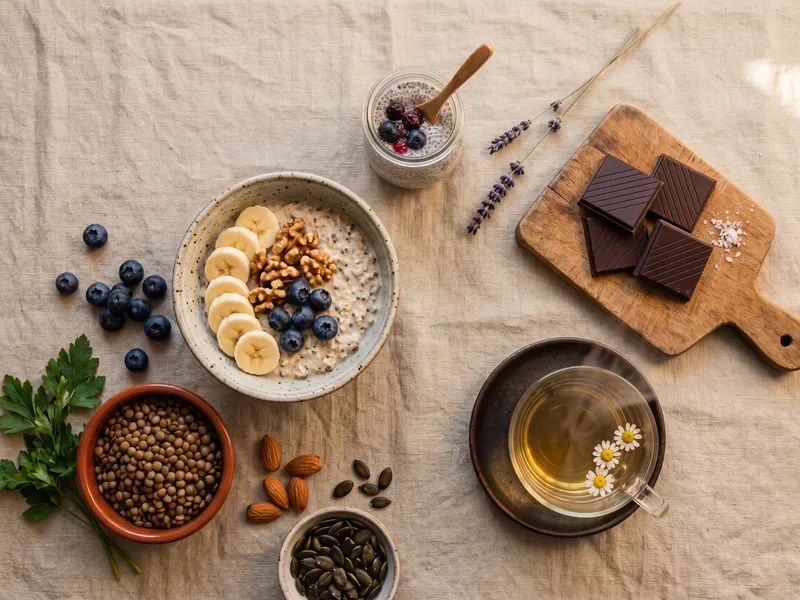 Ruhiges Flat-Lay auf beigem Leinen: Overnight Oats mit Bananenscheiben und Walnüssen, Kürbiskerne, dunkle Schokolade, eine dampfende Tasse Kamillentee, Heidelbeeren, gekochte Linsen, Mandeln und ein Chia-Pudding