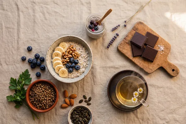 Ruhiges Flat-Lay auf beigem Leinen: Overnight Oats mit Bananenscheiben und Walnüssen, Kürbiskerne, dunkle Schokolade, eine dampfende Tasse Kamillentee, Heidelbeeren, gekochte Linsen, Mandeln und ein Chia-Pudding
