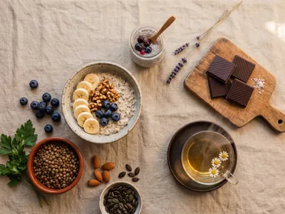 Ruhiges Flat-Lay auf beigem Leinen: Overnight Oats mit Bananenscheiben und Walnüssen, Kürbiskerne, dunkle Schokolade, eine dampfende Tasse Kamillentee, Heidelbeeren, gekochte Linsen, Mandeln und ein Chia-Pudding