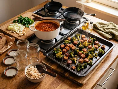 Sonntäglicher Meal-Prep-Moment: ein Backblech mit karamellisiertem Räuchertofu, Brokkoli und Paprika neben einem köchelnden Topf roter Linsen, leere Einmachgläser warten daneben auf der Holzarbeitsplatte, ein Laib Vollkornbrot am Bildrand