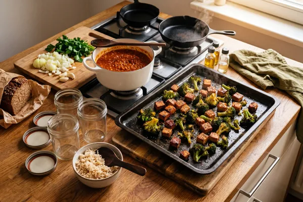Sonntäglicher Meal-Prep-Moment: ein Backblech mit karamellisiertem Räuchertofu, Brokkoli und Paprika neben einem köchelnden Topf roter Linsen, leere Einmachgläser warten daneben auf der Holzarbeitsplatte, ein Laib Vollkornbrot am Bildrand
