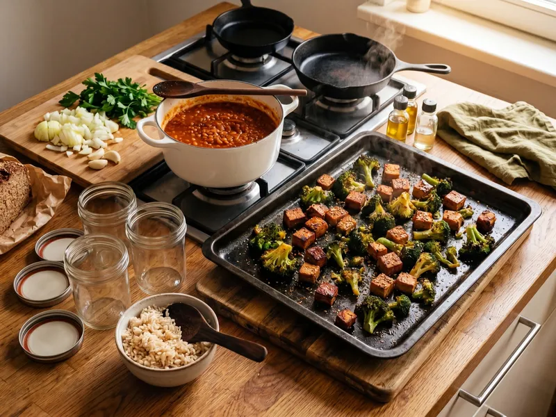 Sonntäglicher Meal-Prep-Moment: ein Backblech mit karamellisiertem Räuchertofu, Brokkoli und Paprika neben einem köchelnden Topf roter Linsen, leere Einmachgläser warten daneben auf der Holzarbeitsplatte, ein Laib Vollkornbrot am Bildrand