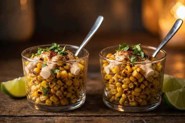 Zwei Gläser mit geröstetem Mais, heller Cashew-Crema, Chilipulver, Koriander und Limettenspalten, aus nächster Nähe aufgenommen vor dunklem Hintergrund