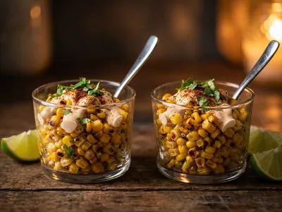 Zwei Gläser mit geröstetem Mais, heller Cashew-Crema, Chilipulver, Koriander und Limettenspalten, aus nächster Nähe aufgenommen vor dunklem Hintergrund