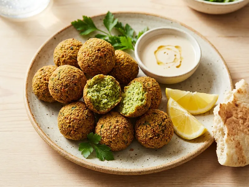 Teller mit goldbraunen, frisch frittierten Falafel, eine aufgebrochen mit grünem Inneren, dazu Tahini-Sauce, Zitronenspalten und Fladenbrot