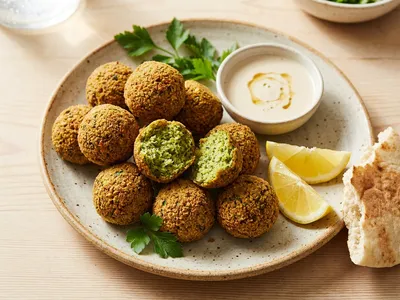 Teller mit goldbraunen, frisch frittierten Falafel, eine aufgebrochen mit grünem Inneren, dazu Tahini-Sauce, Zitronenspalten und Fladenbrot