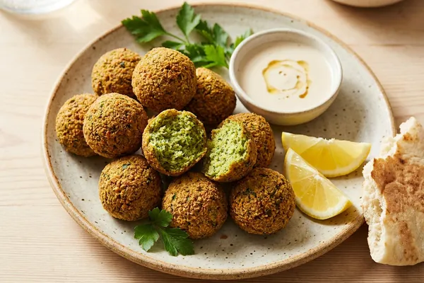 Teller mit goldbraunen, frisch frittierten Falafel, eine aufgebrochen mit grünem Inneren, dazu Tahini-Sauce, Zitronenspalten und Fladenbrot
