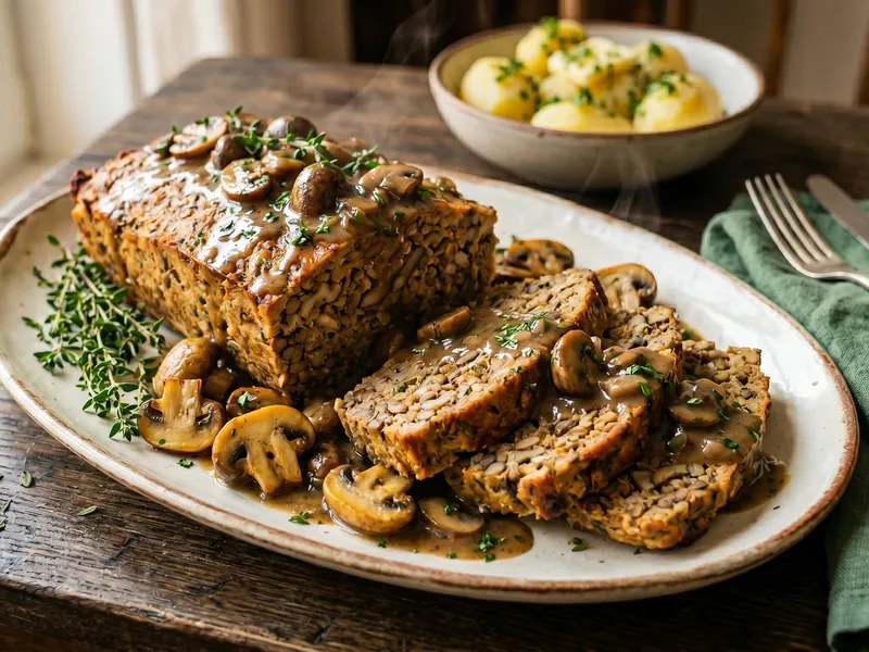Geschnittener veganer Falscher Hase aus Linsen und Walnüssen in cremiger Pilzrahmsauce, serviert mit Petersilkartoffeln
