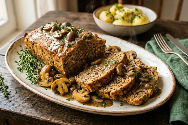 Geschnittener veganer Falscher Hase aus Linsen und Walnüssen in cremiger Pilzrahmsauce, serviert mit Petersilkartoffeln