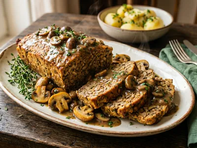 Geschnittener veganer Falscher Hase aus Linsen und Walnüssen in cremiger Pilzrahmsauce, serviert mit Petersilkartoffeln