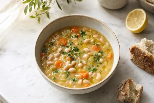 Tiefe Keramikschale mit griechischer Fasolada: sämige weiße Bohnensuppe mit Karotten und Sellerie, obenauf Olivenöl und frische Petersilie, daneben Brot und eine halbe Zitrone