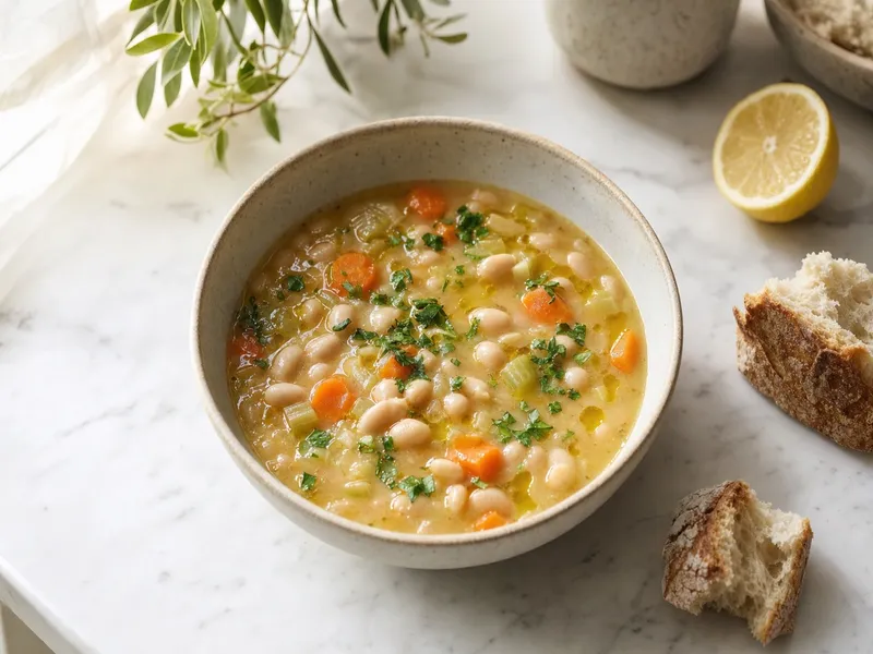 Tiefe Keramikschale mit griechischer Fasolada: sämige weiße Bohnensuppe mit Karotten und Sellerie, obenauf Olivenöl und frische Petersilie, daneben Brot und eine halbe Zitrone