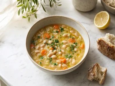Tiefe Keramikschale mit griechischer Fasolada: sämige weiße Bohnensuppe mit Karotten und Sellerie, obenauf Olivenöl und frische Petersilie, daneben Brot und eine halbe Zitrone