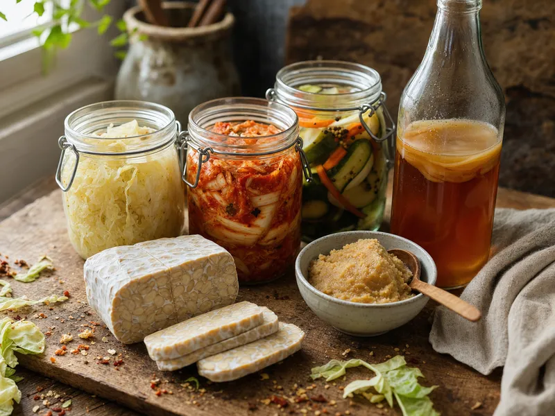 Rustikale Holzplatte mit Bügelgläsern voll Sauerkraut, Kimchi und Pickles, einem aufgeschnittenen Tempeh-Block, einer Schale heller Miso und einer Kombucha-Flasche mit sichtbarem SCOBY