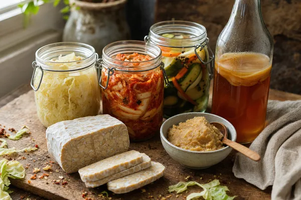 Rustikale Holzplatte mit Bügelgläsern voll Sauerkraut, Kimchi und Pickles, einem aufgeschnittenen Tempeh-Block, einer Schale heller Miso und einer Kombucha-Flasche mit sichtbarem SCOBY