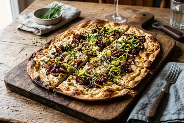 Knuspriger veganer Flammkuchen mit Lauch und karamellisierten Zwiebeln auf Holzbrett