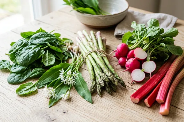 Frisches Frühlingsgemüse mit Spargel, Radieschen, Rhabarber, Spinat und Bärlauch auf hellem Holzuntergrund