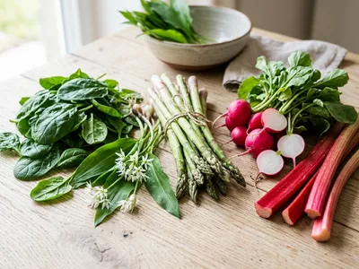 Frisches Frühlingsgemüse mit Spargel, Radieschen, Rhabarber, Spinat und Bärlauch auf hellem Holzuntergrund