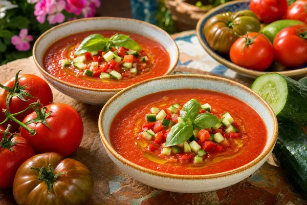 Zwei Schalen leuchtend rote Gazpacho auf einem Holztisch, garniert mit gewürfelter Gurke, Paprika und einem Schuss Olivenöl