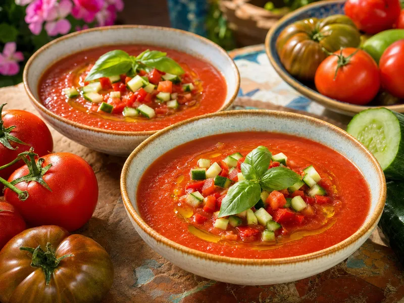Zwei Schalen leuchtend rote Gazpacho auf einem Holztisch, garniert mit gewürfelter Gurke, Paprika und einem Schuss Olivenöl