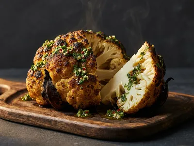 Im Ganzen gegrillter Blumenkohl mit kräftigen Röstaromen, in Spalten geschnitten und mit grünem Chimichurri beträufelt auf einem Holzbrett