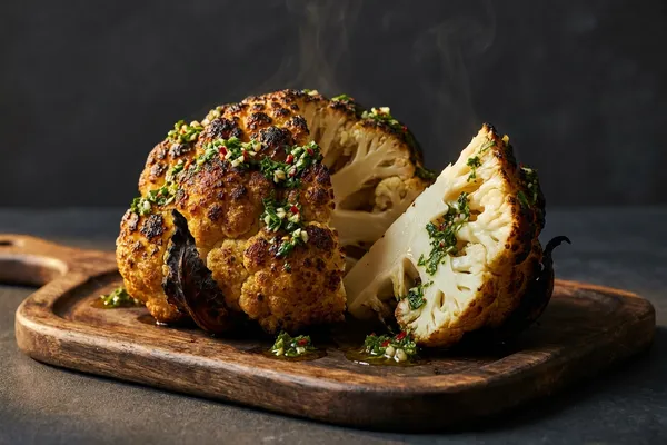 Im Ganzen gegrillter Blumenkohl mit kräftigen Röstaromen, in Spalten geschnitten und mit grünem Chimichurri beträufelt auf einem Holzbrett