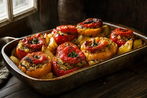 Ofenform mit griechischen Gemista: mit Kräuterreis gefüllte Tomaten und Paprika mit gerösteten Deckeln, dazwischen goldbraune Kartoffelspalten, dampfend im Seitenlicht einer rustikalen Küche