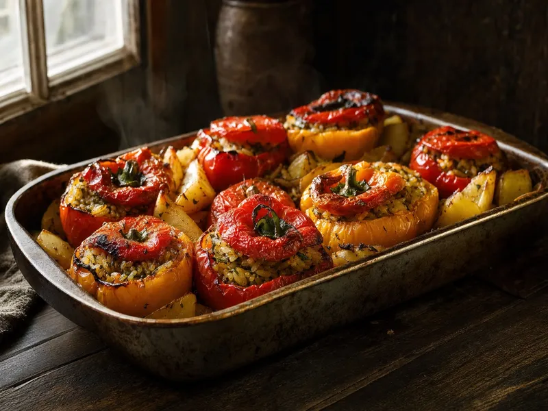 Ofenform mit griechischen Gemista: mit Kräuterreis gefüllte Tomaten und Paprika mit gerösteten Deckeln, dazwischen goldbraune Kartoffelspalten, dampfend im Seitenlicht einer rustikalen Küche