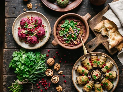 Georgische pflanzliche Tafel von oben: Pkhali aus Roter Bete und Spinat mit Granatapfelkernen, eine Schale Lobio-Bohnen, Auberginenröllchen mit Walnusscreme, frische Kräuter und Fladenbrot auf dunklem Holztisch