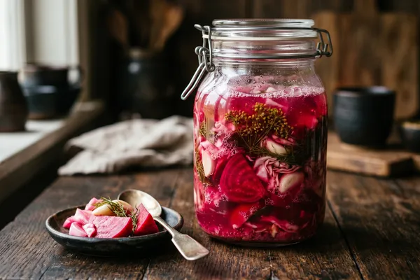 Glas mit milchsauer fermentiertem georgischem Gemüse — pinkfarbene Rote-Bete-Spalten und Weißkohl in trüber Salzlake mit Knoblauch und Dill, daneben eine Schale des fertigen Pickles
