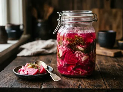 Glas mit milchsauer fermentiertem georgischem Gemüse — pinkfarbene Rote-Bete-Spalten und Weißkohl in trüber Salzlake mit Knoblauch und Dill, daneben eine Schale des fertigen Pickles