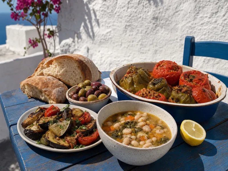 Sommerlicher Taverna-Tisch auf einer griechischen Insel: Schalen mit Fasolada, gefüllten Tomaten, geschmortem Ofengemüse und Oliven auf blau gestrichenem Holztisch vor weiß getünchter Mauer im Mittagslicht