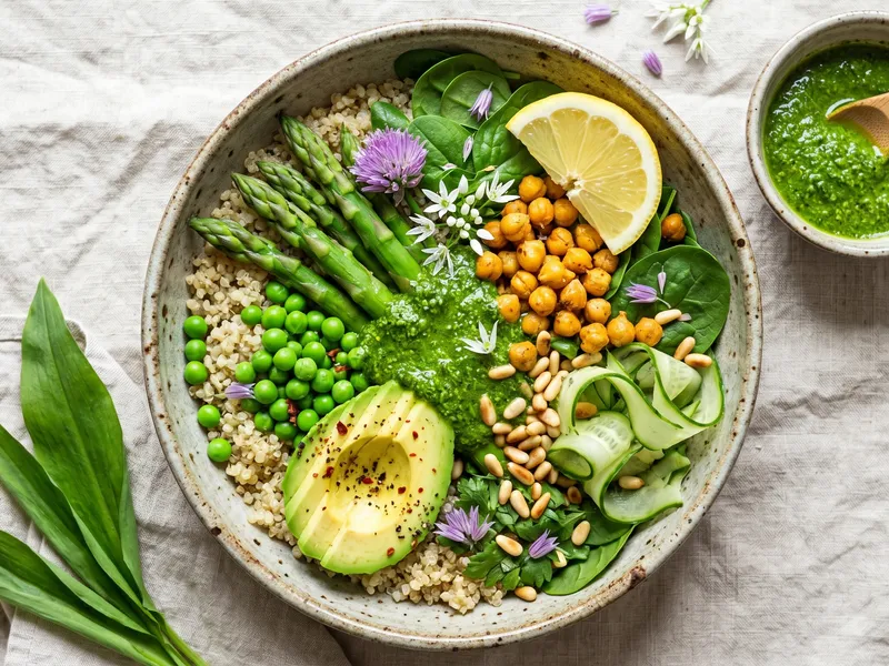 Grüne Frühlings-Bowl mit Quinoa, grünem Spargel, Avocado, Kichererbsen und Bärlauch-Pesto