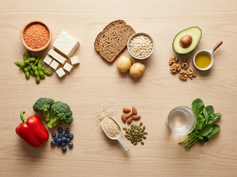 Pflanzliche Lebensmittel nach Nährstoffgruppen sortiert: Hülsenfrüchte, Vollkornprodukte, Nüsse, Samen, Obst und Gemüse auf einem hellen Holztisch