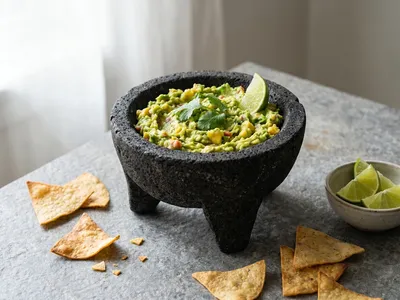 Steinmörser (Molcajete) mit frisch gestampfter Guacamole, garniert mit Koriander und Limettenspalten, daneben goldbraun gebackene Totopos-Chips auf dunklem Steintisch