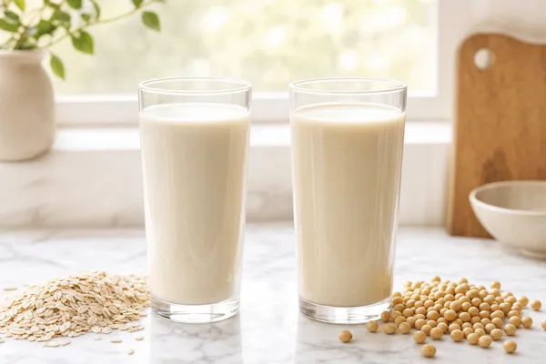 Zwei Gläser cremiger Pflanzenmilch auf heller Marmorplatte: daneben links ein Häufchen Haferflocken, rechts getrocknete Sojabohnen