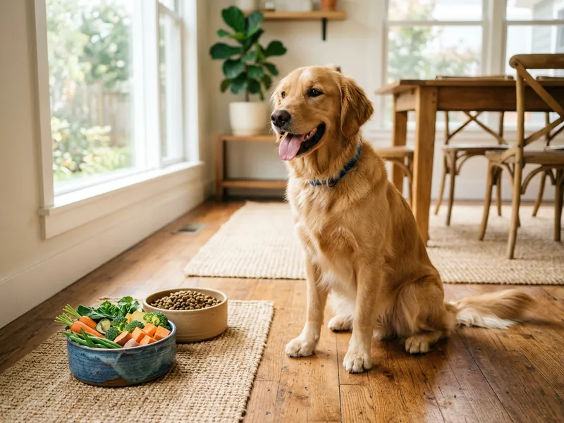 Golden Retriever neben einer Schüssel mit frischem Gemüse und Trockenfutter in hellem Wohnzimmer