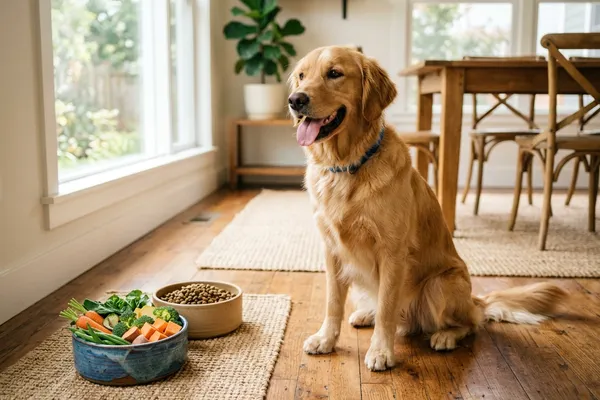Golden Retriever neben einer Schüssel mit frischem Gemüse und Trockenfutter in hellem Wohnzimmer