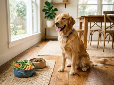 Golden Retriever neben einer Schüssel mit frischem Gemüse und Trockenfutter in hellem Wohnzimmer
