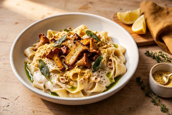 Eine cremige vegane Pappardelle-Pasta mit Cashew-Käsesauce, karamellisierten Pfifferlingen, frittierten Salbeiblättern, goldgelben Hefeflocken und gerösteten Haselnüssen in einer weißen Keramikschale
