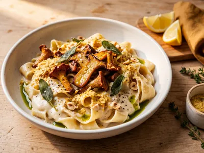 Eine cremige vegane Pappardelle-Pasta mit Cashew-Käsesauce, karamellisierten Pfifferlingen, frittierten Salbeiblättern, goldgelben Hefeflocken und gerösteten Haselnüssen in einer weißen Keramikschale