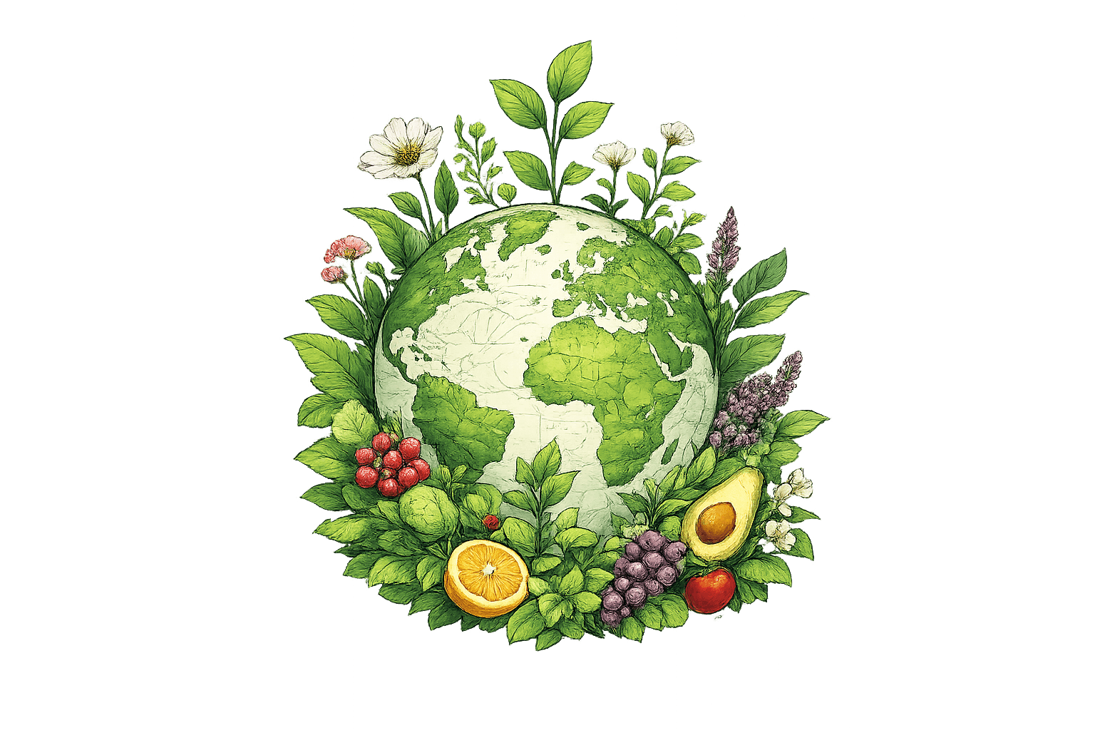 Illustration einer grünen Erdkugel, umgeben von Pflanzen, Blüten, Obst und Gemüse — Symbol für pflanzliche Ernährung und Nachhaltigkeit