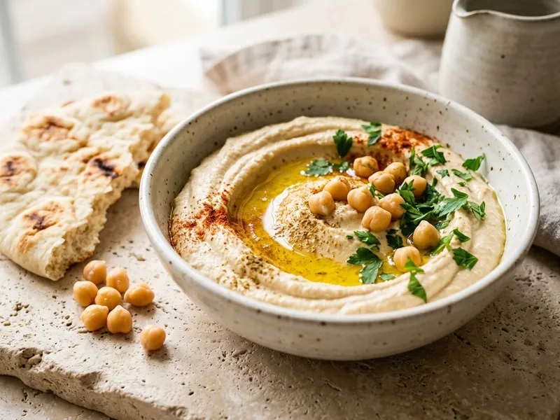 Schale cremiger Hummus mit Olivenöl-Spiegel, Kreuzkümmel, Kichererbsen und Petersilie, daneben warmes Fladenbrot