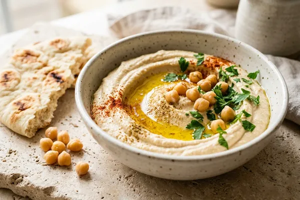 Schale cremiger Hummus mit Olivenöl-Spiegel, Kreuzkümmel, Kichererbsen und Petersilie, daneben warmes Fladenbrot